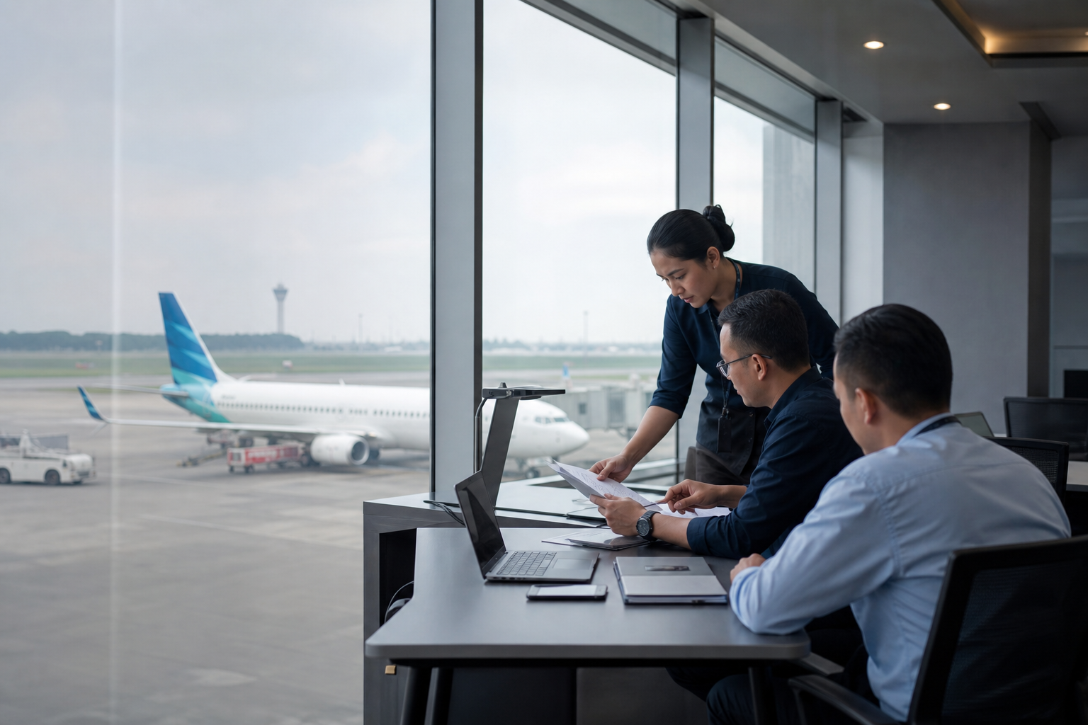 Tim operasi penerbangan bekerja dengan pesawat terlihat dari terminal